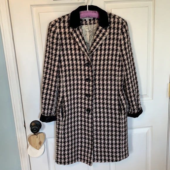 SOLD! Lovely houndstooth overcoat dress coat wool blend tweed black white pink 4 - Picture 7 of 15